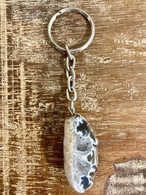 Small Geode Keychain  Black & White Stone with Crystals